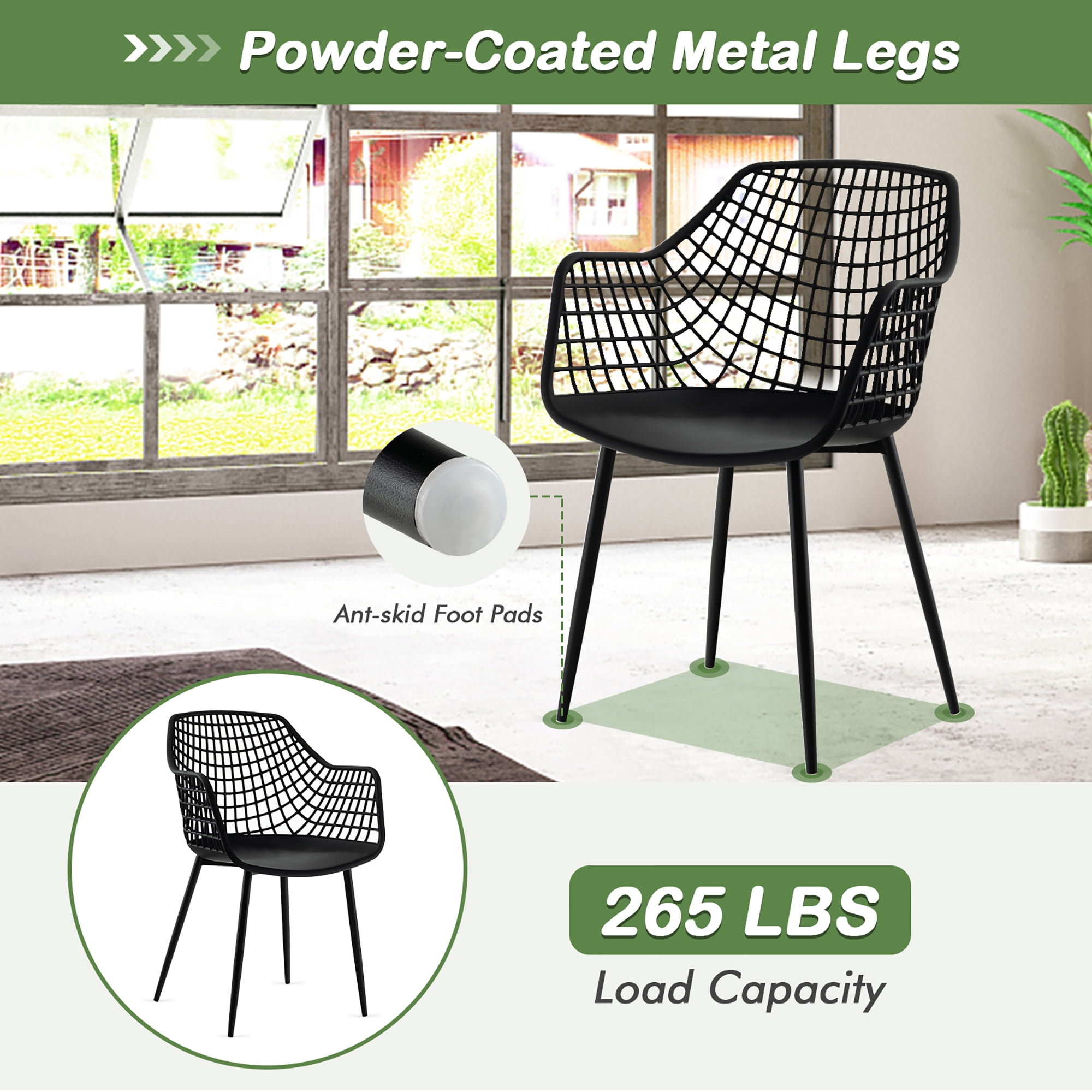 Costway Modern Dining Chair Set of 4 Plastic Shell Hollow withMetal Legs for Living Room Black