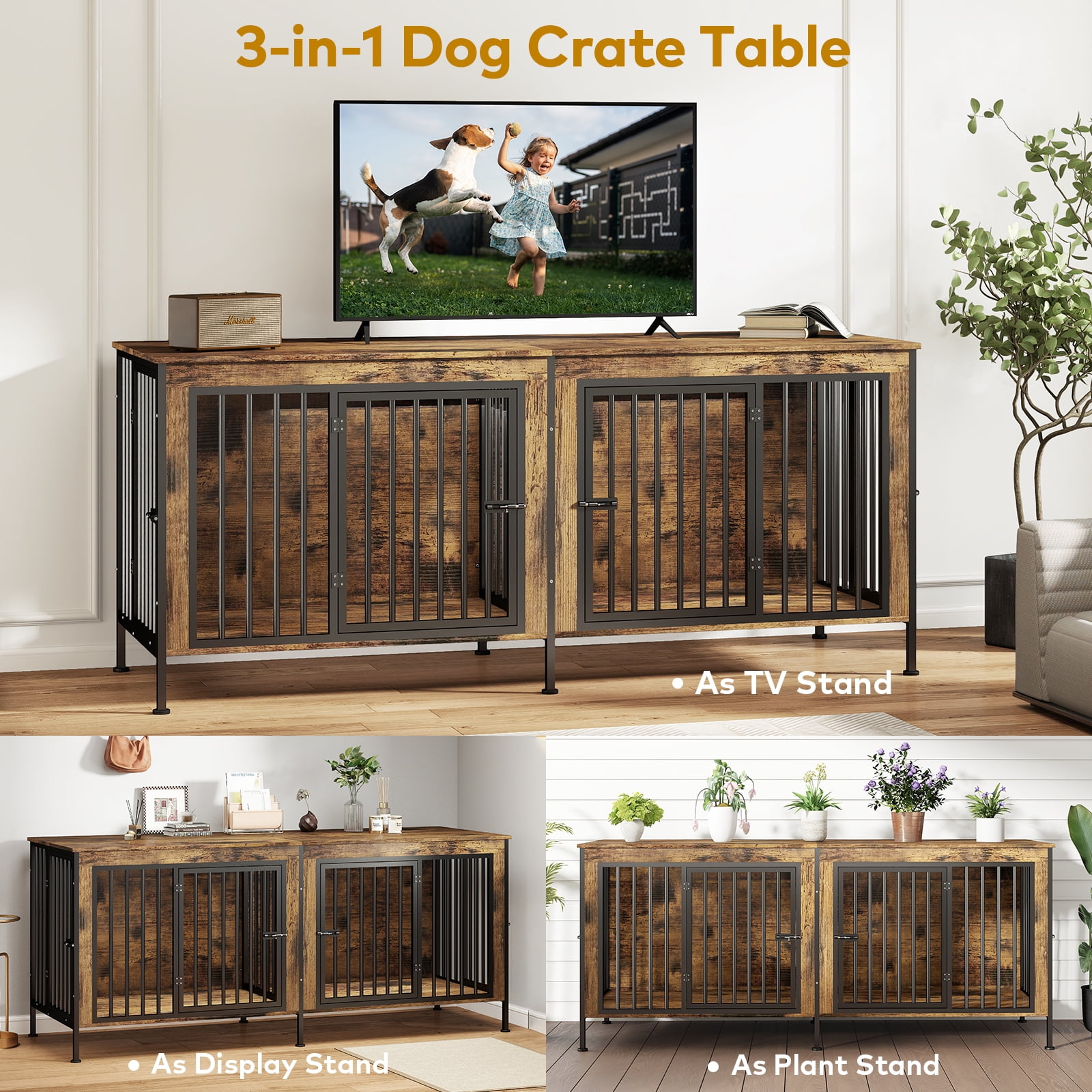 TIME RAY 78 Inch Dog Crate Furniture for Large Dog,Wood Dog Kennel Furniture Indoor with Removable Divider,Dog Cage Furniture as TV Stand,Brown