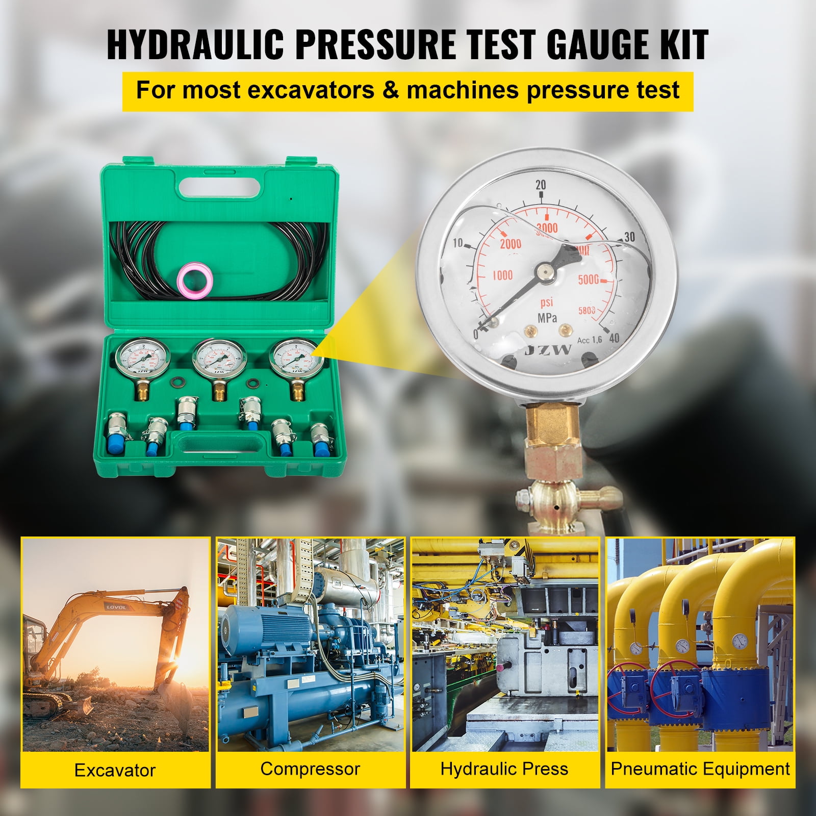 Hydraulic Pressure Test Couplings Hose Gauge for Excavator Tool Kit 250~600Bar 