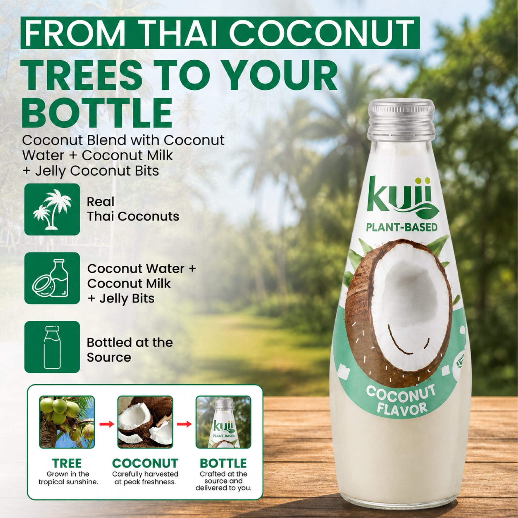 Kuii Drinks Coconut Milk with Nata de Coco, Original - No Sugar Added, 290 mL Single Glass Bottle