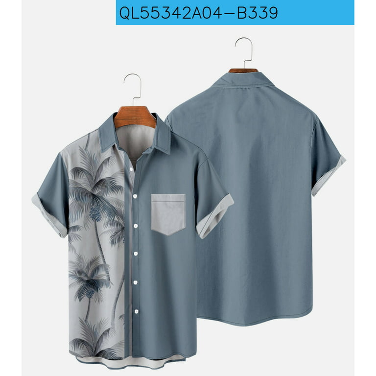 Zcfzjw Casual Button Down T-shirts for Men Tropical Palm Tree Pattern Print Summer Short Sleeve Beach Hawaiian Aloha Shirts Tops with Pockets Navy XXL