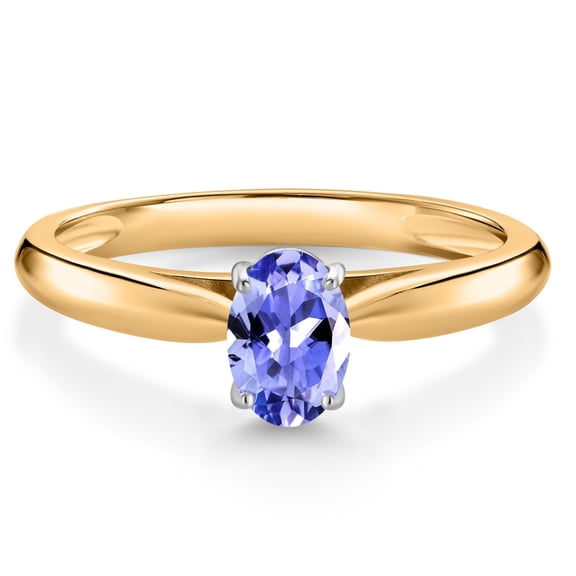 Gem Stone King 0.45 Ct Oval Blue Tanzanite 10K Yellow and White Gold Solitaire Engagement Ring (Size 6)