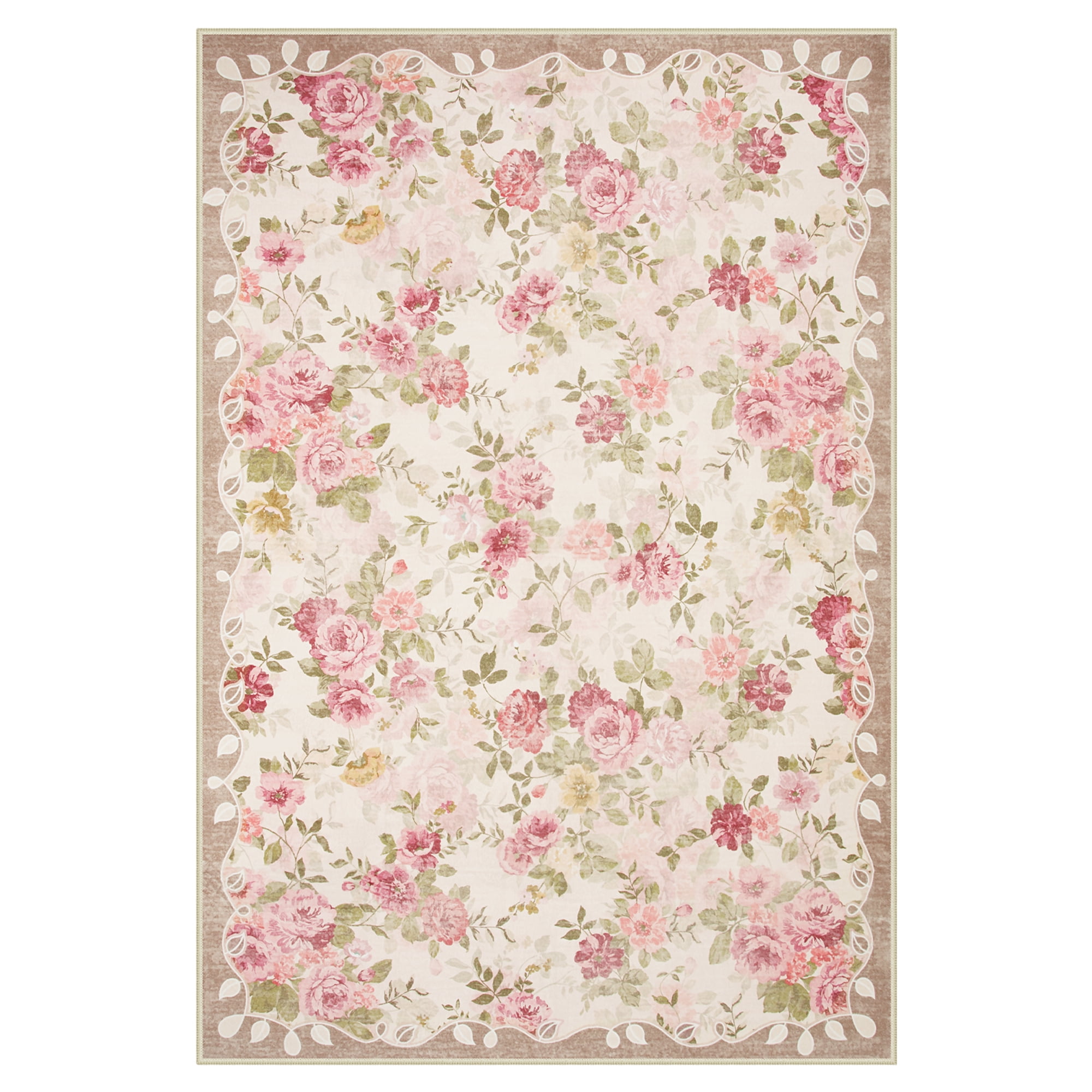 Lahome Decor 6'x9' Boho Floral Area Rug 6x9ft Washable Rugs for Living Room,Vintage Girls Rugs for Bedroom Ultra-Thin Non Slip Nursery Rug Girl Carpet for Playroom Dining Room Nursery,Beige