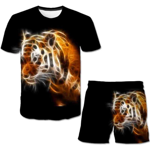 Conjuntos de ropa de tigre para niños y niñas, camisetas de verano para niños + pantalones cortos de cintura elástica, ropa informal de dibujos animados de dos piezas, trajes 6M Gao Jinjia LED