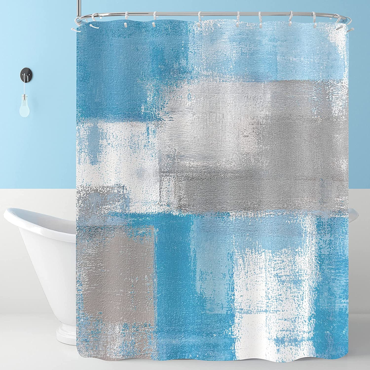 Light Blue Ombre Shower Curtain Set, Blue Grey White Fabric Shower