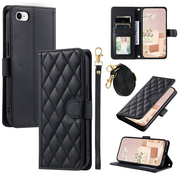 for iPhone 7 / 8 / SE 2022 & 2020 Wallet Case, Premium PU Leather Magnetic Flip Folio Case with Wrist Strap Credit Card Holder for Women Men Crossbody Strap Phone Case Cover, Black