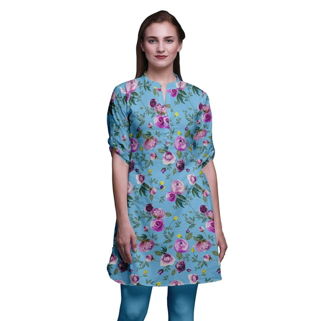 Bimba Kurti à Manches Retroussables pour Femmes, Col Mandarin Imprimé, Hauts de Kurti Courts