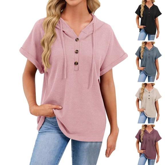 Womens Clothes Summer Kelon Women's Tops, Tees & Blouses Short Sleeve Shirts V Neck Drawstring Hoodies Button Cute Trendy Going Out Tops, XL