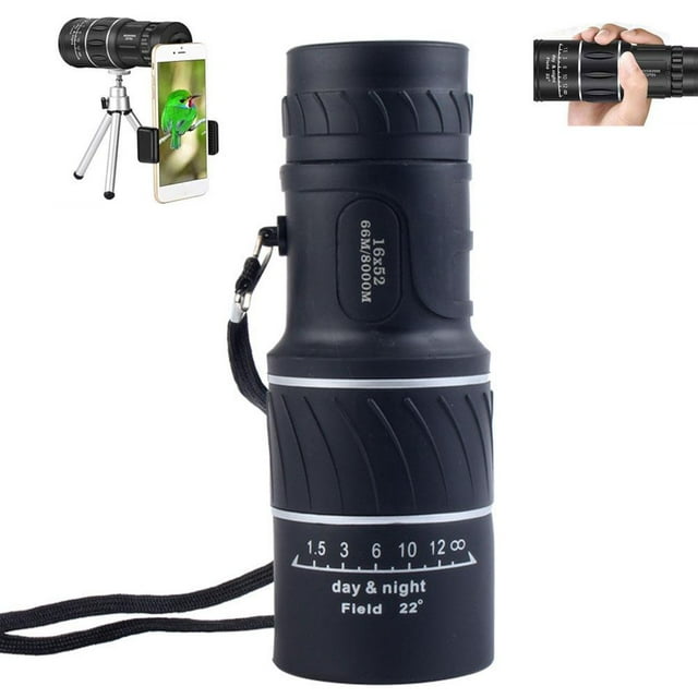 High Resolution 16x52 Monocular Telescope for Outdoor Travel Night Vision Low Light Viewing Black Compact