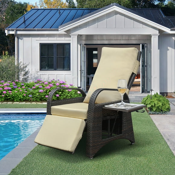 ATR ART to REAL Outdoor Wicker Recliner with Flip Table,Push Back Rattan Reclining Lounge Chair with Footrest,Khaki(Perfect for Slim Individuals)