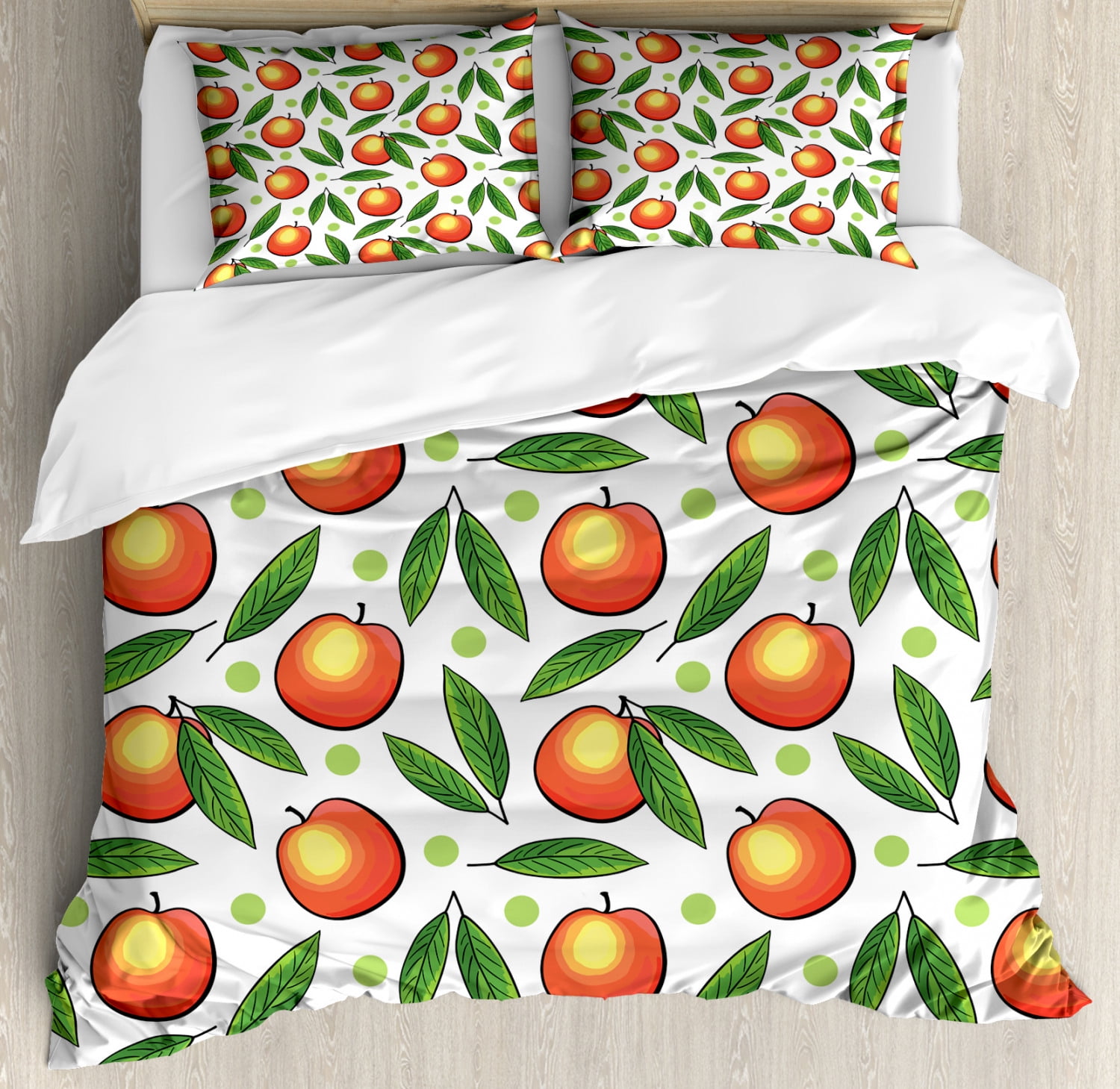 Fruits Duvet Cover Set, Repeated Peaches with Leaves and Polka Dots on