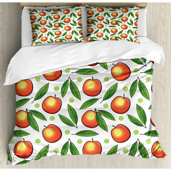 Fruits Duvet Cover Set, Repeated Peaches with Leaves and Polka Dots on Plain Background, Decorative 3 Piece Bedding Set with 2 Pillow Shams, King Size, White Vermilion and Fern Green, by Ambesonne