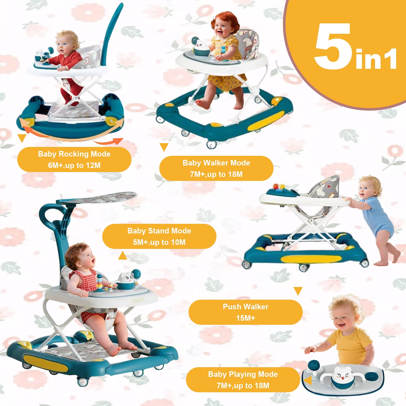 YUCHANG 5-in-1 Baby Walker - Foldable Push Walker,Height Adjustable with Wheels ,for Boys and Girls,6 -24 Months (Green)