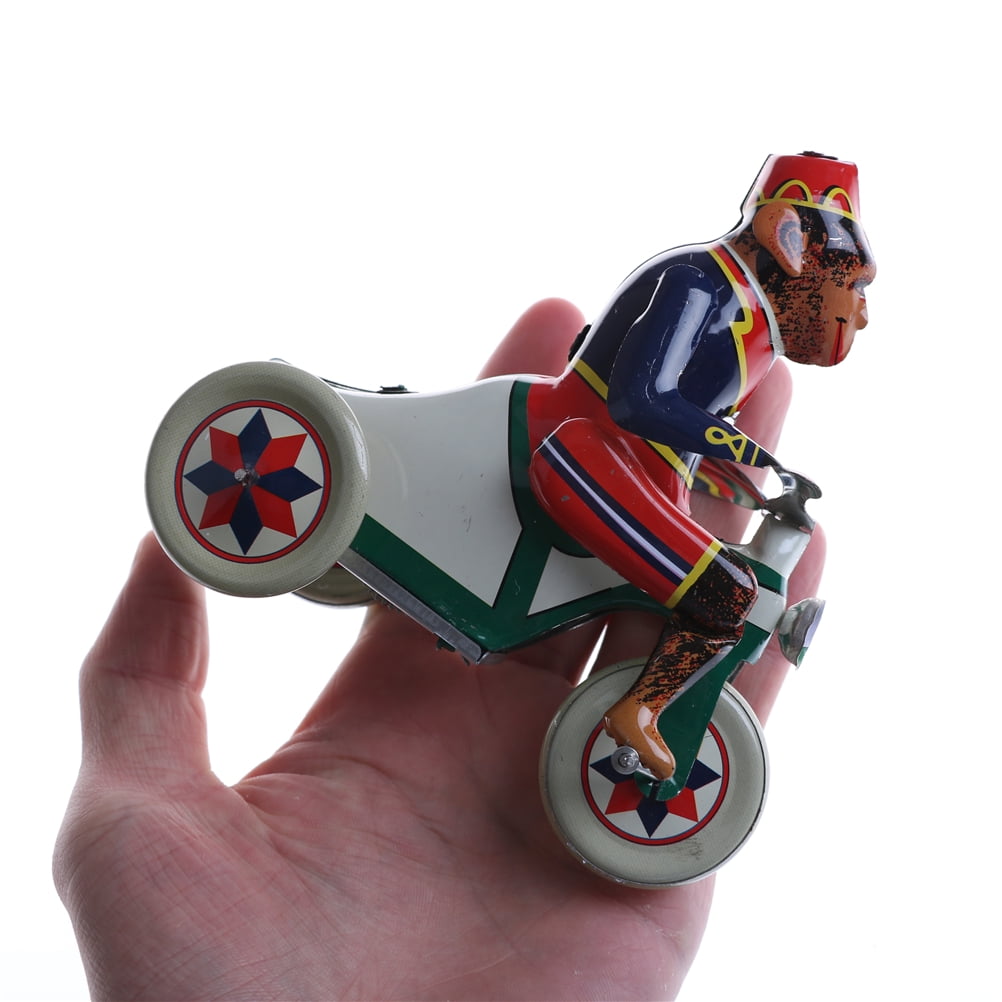 Vintage Retro Clockwork Tin Toys Monkey Riding a Car Wind Up Toy Collectible 