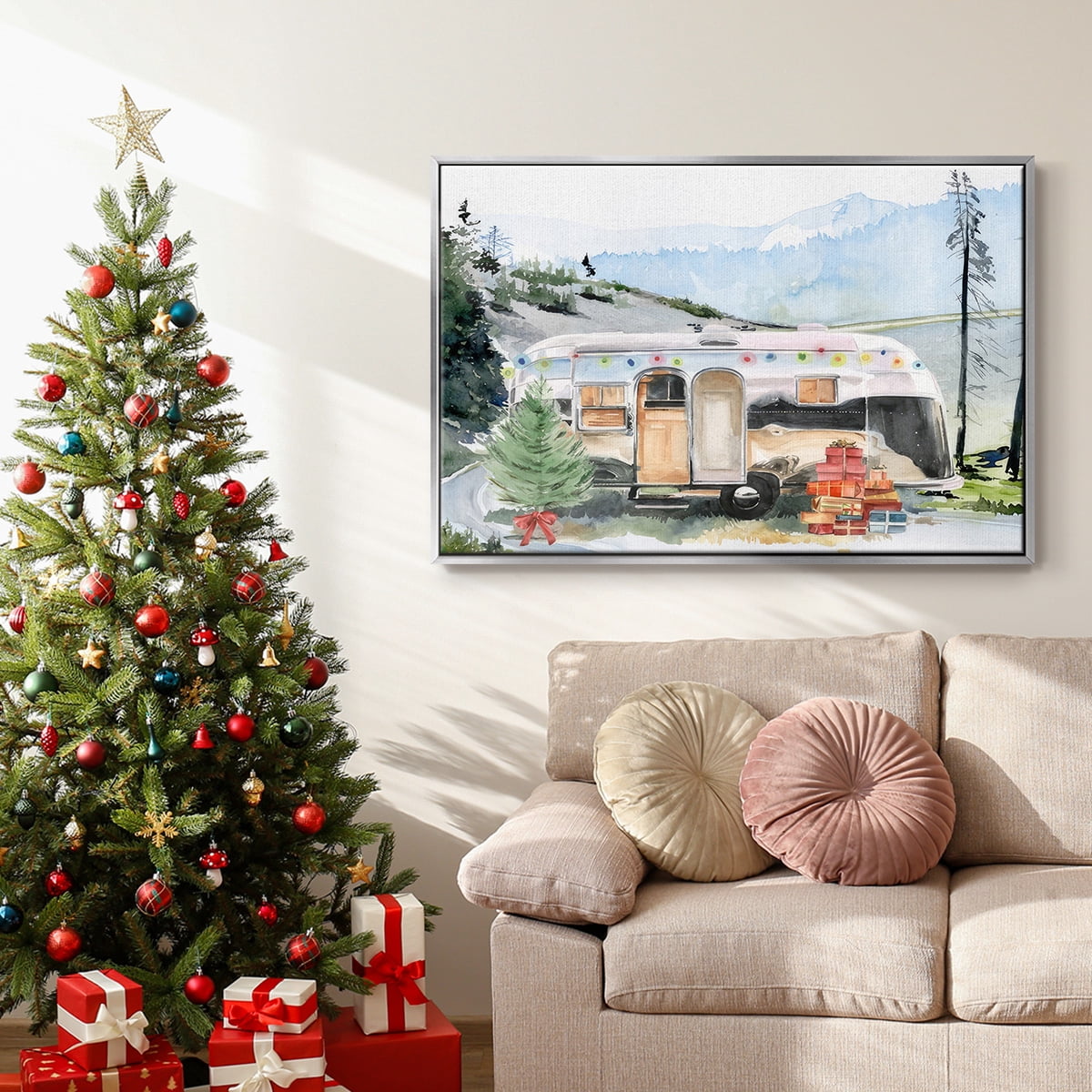 Holiday Vacation I - Framed Gallery Wrapped Holiday Canvas - 17 x 25 - Silver Frame
