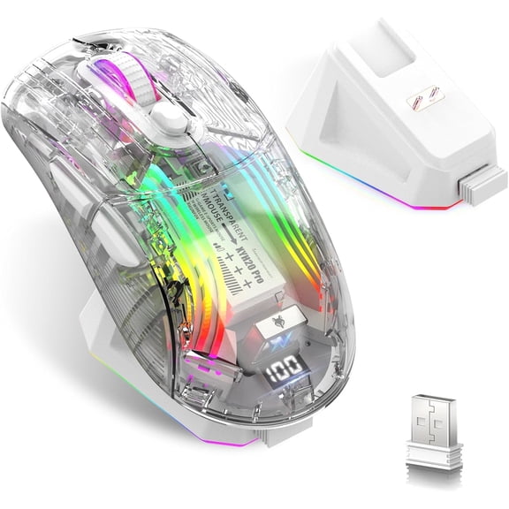 Wireless Tri-Mode Transparent RGB Mechanical Gaming Mouse with Charging Base and Digital Display, 2.4GHz, Bluetooth, and Wired Connectivity, 7-Button Silent Mouse for Gaming and Esports(White)
