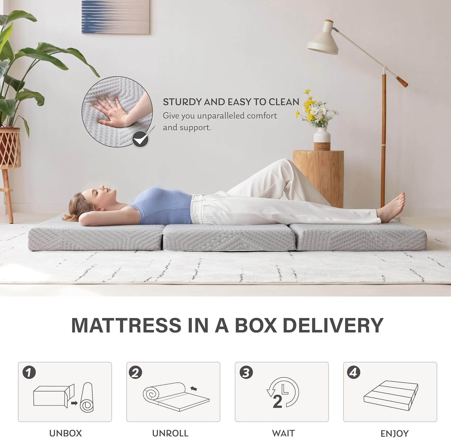 MLILY 4 Inch Tri-Fold Memory Foam Mattress, Collapsible Travel Guest Mat with Washable Cover, 75"25"4", Grey