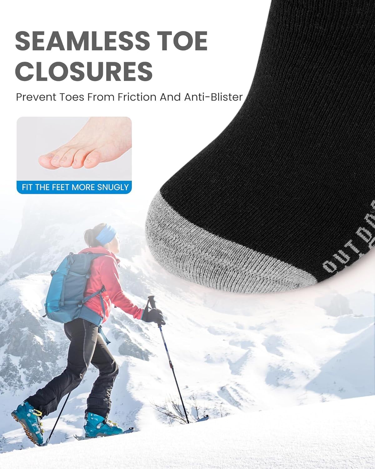 OutdoorMaster Ski Socks 2-Pack Merino Wool, Over The Calf Non-Slip Cuff for Men & Women
