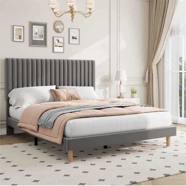 Queen Size Bed Frame, Adjustable Height Headboard, Velvet Upholstered Platform Bed Frame, No Box Spring Needed, Easy Assembly, Grey