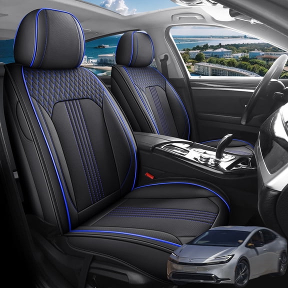 Car Seat Covers Full Set Fit for Toyota Prius 2001-2026, Premium Faux Leather Seat Protectors, Breathable, Waterproof & Anti-Slip Full Wrapping Edge Seat Covers (Black&Blue, Full Set)