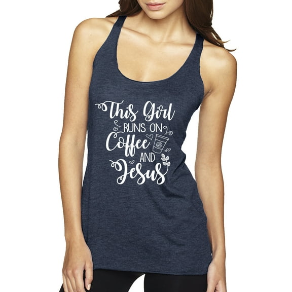 Wild Bobby This Girl Runs On Coffee And Jesus Inspirational/Christian Women Tri-Blend Racerback Tank Top, Vintage Navy, Large