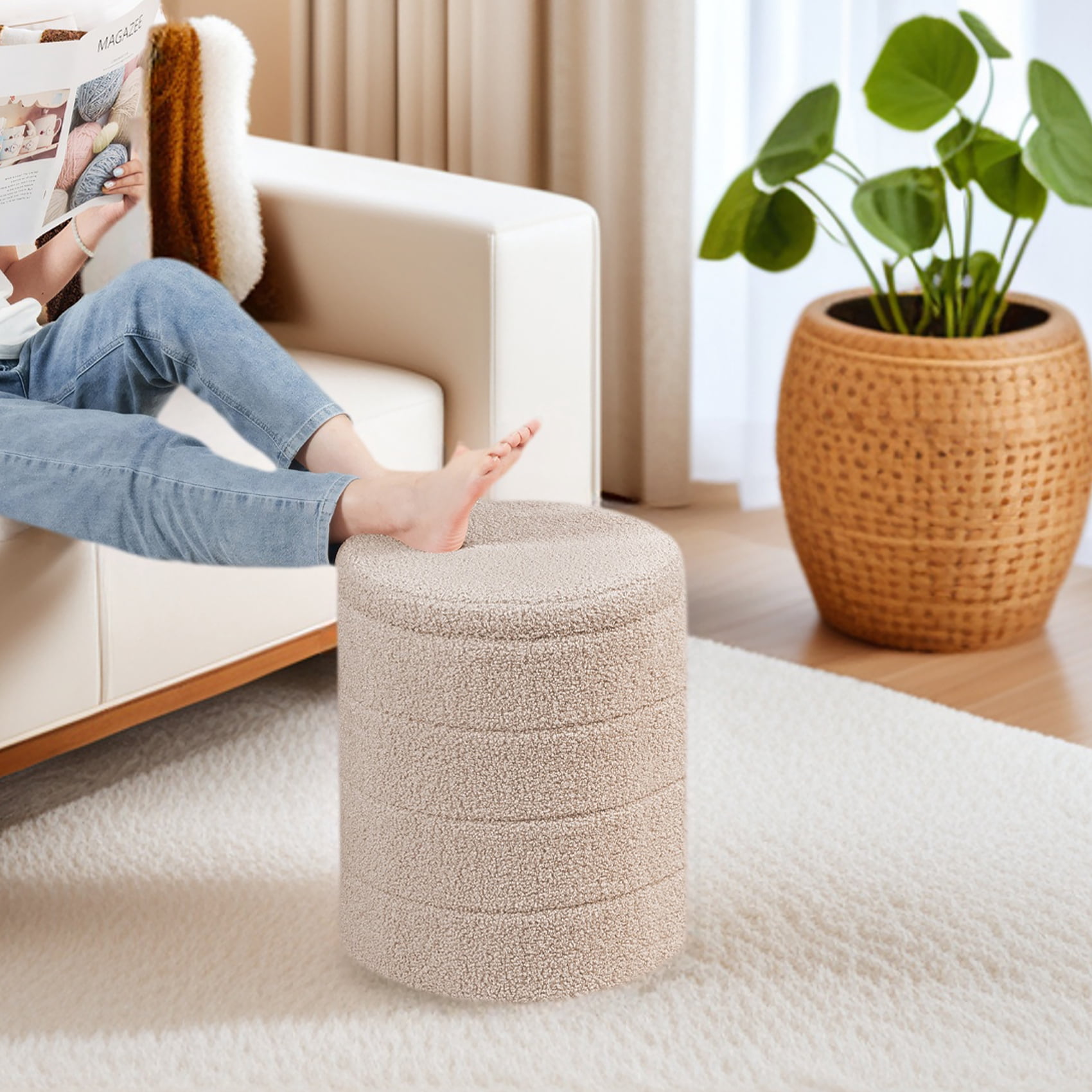 B FSOBEIIALEO 14.6inch Collapsible Storage Ottoman Round with Tray Teddy Fabric Living Room Bedroom Ottoman with Storage(Beige)