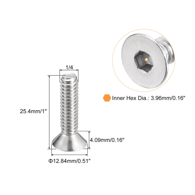 25 Pcs 1/4-20 X 1-1/4" Flat Head Socket Cap Screws – Stainless Steel 304, Allen Drive, Full Thread