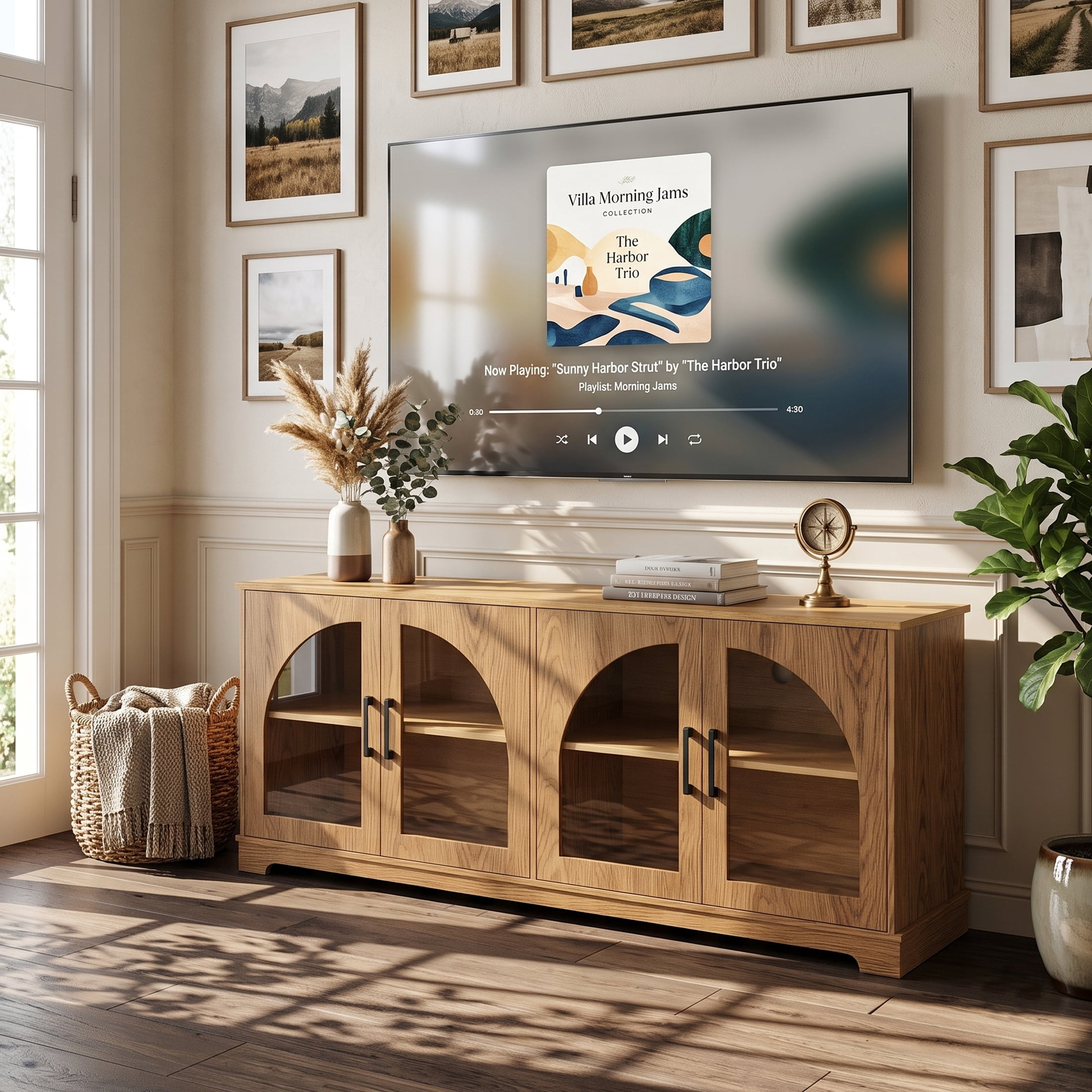 Homy Casa 67" Two-Tone TV Stand for TVs up to 70", Tempered Glass Doors and Storage Cabinet, Brown