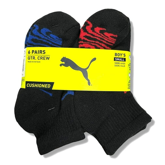 PUMA SOCKS BOYS X6 - QUARTER 243 DECO - BLACK SZ SMALL - SHOE SZ 4-8.5 - 6 PACK