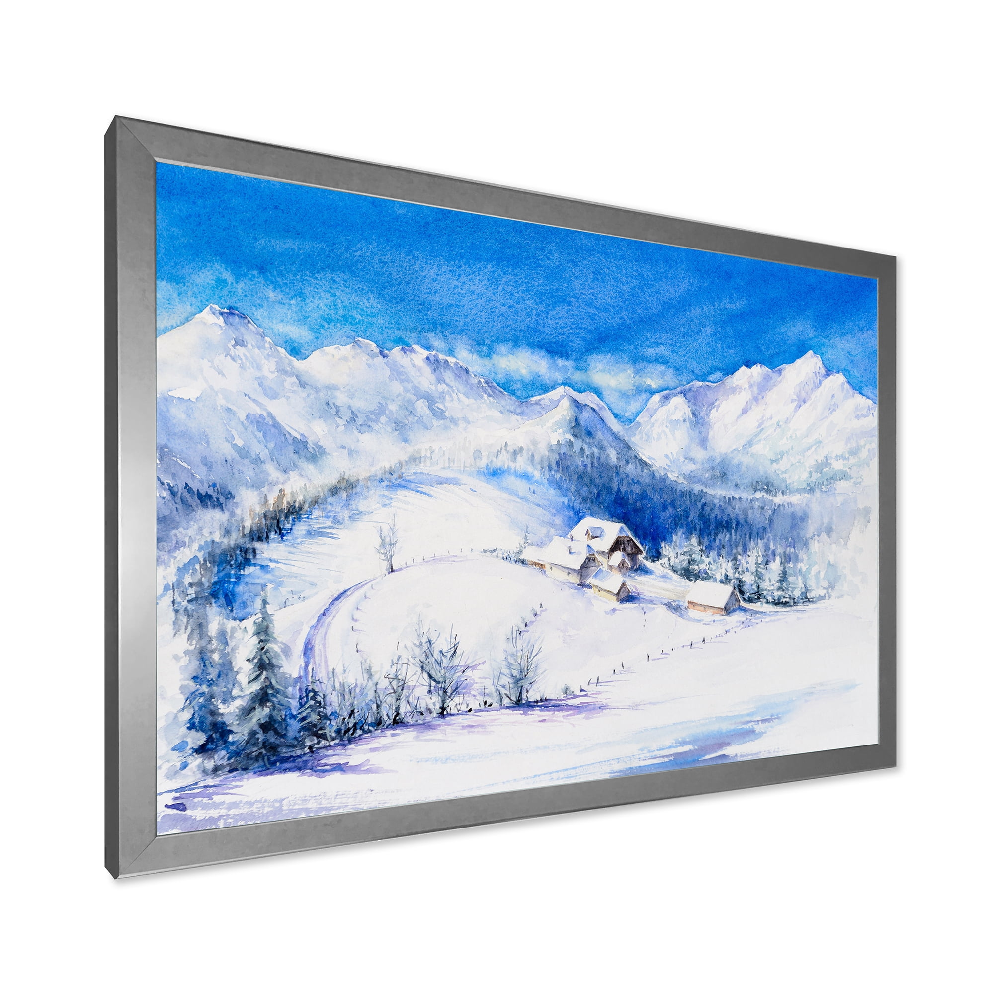 Designart 'Wooden House With Winter Mountain Landscape' Traditional Framed Art Print