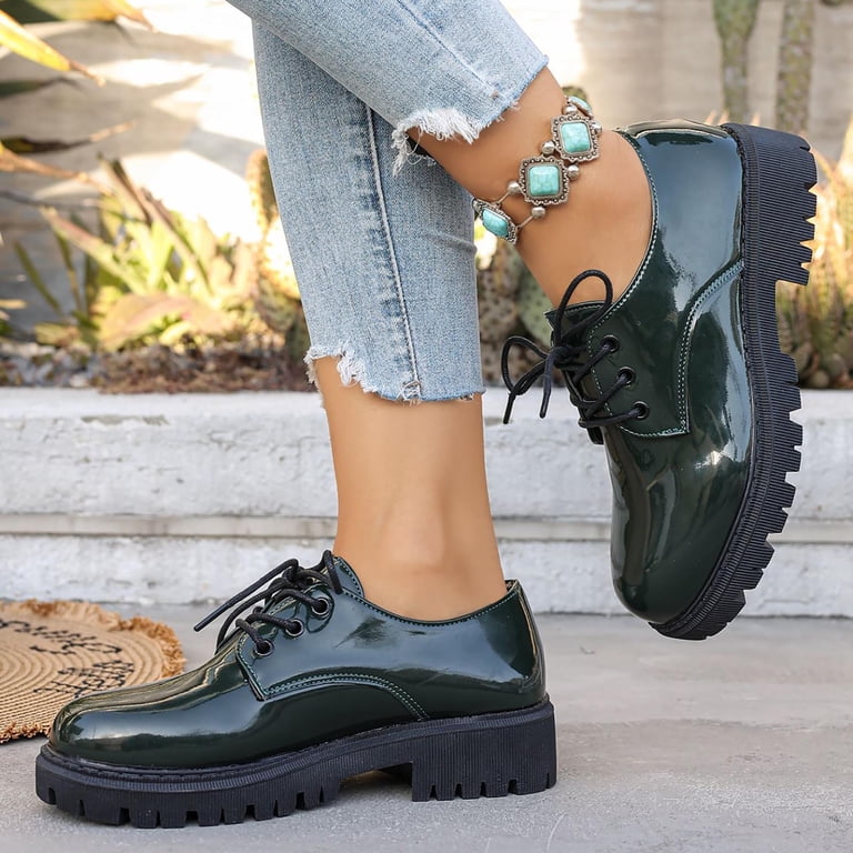 green dress shoes low heel BRGZLK Women's Chunky Summer Plus Size Solid Color Patent Leather Versatile Shoes Lace Up Business Casual Loafers Army 7.5 BTK COLLECTION for women