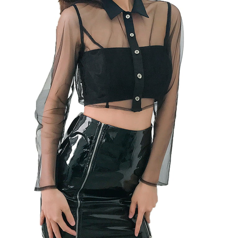 Douhoow Summer Women Mesh Sheer Crop Top Black Long Sleeve Transparent  Cover-Ups Shirt 