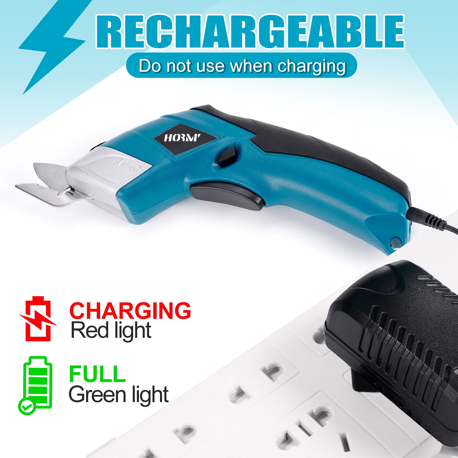 HORMY Cordless Electric Scissors with Two Blades, 3.6V Super Scissors Rechargeable with Safety Lock, for Cardboard Cutting Fabric Paper Sewing, Blue