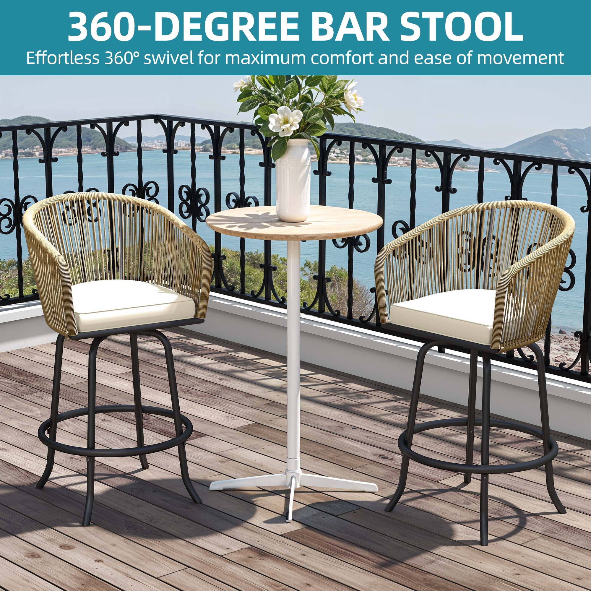 Uforic Set of 2 Beige 360° Swivel Outdoor Bar Stools, Woven Patio Chairs with Cushions & Footrests
