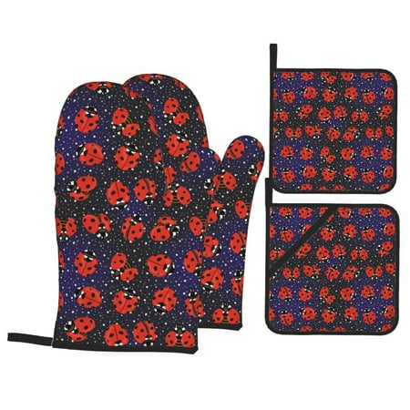 

Oven Mitts and Pot Holders Sets 4 pcs - Red Ladybug Heat Resistant Silicone Oven Gloves with Non-Slip Silicone Surface and hot pads for kitchen Baking Cooking BBQ