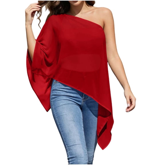 cocolona One the Shoulder Summer Tops for Women Crew Neck Flowing Batwing Sleeve Shirts Trendy Casual Sun Protection Blouses