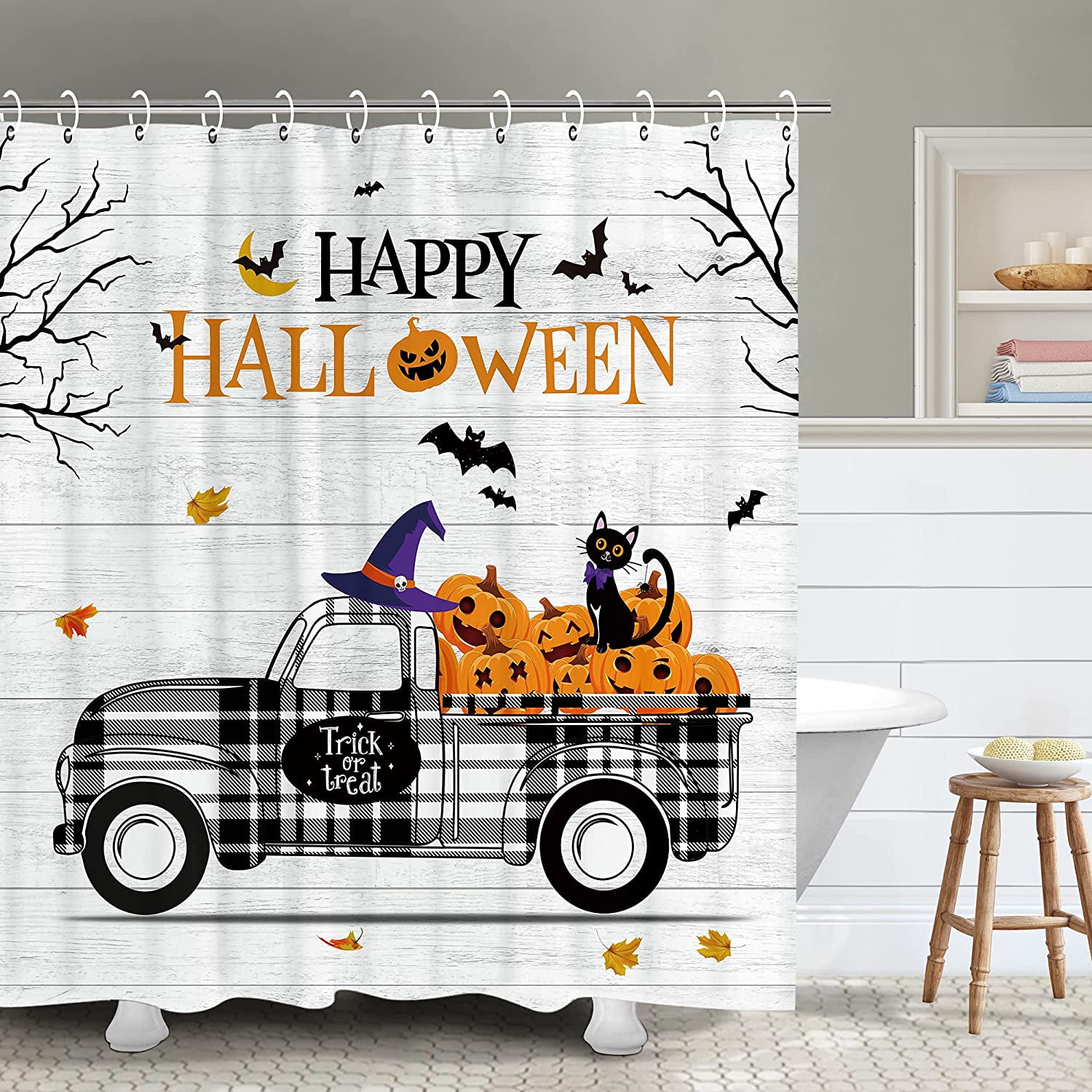 JOOCAR Fall Shower Curtain, Halloween Shower Curtain, Happy Halloween