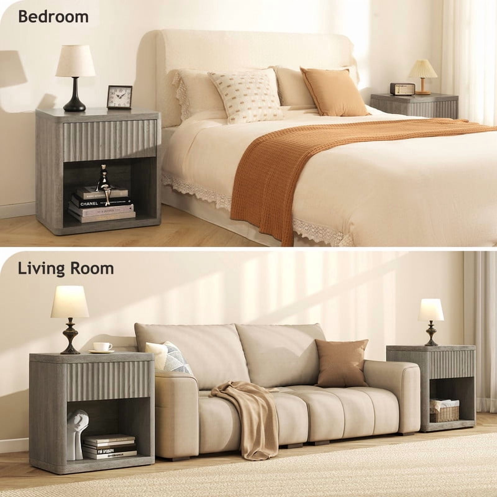 Fluted Nightstand with Drawer, Bedside Tables with Open Storage, Large Wood Night Stand for Bedroom Living Room, Grey