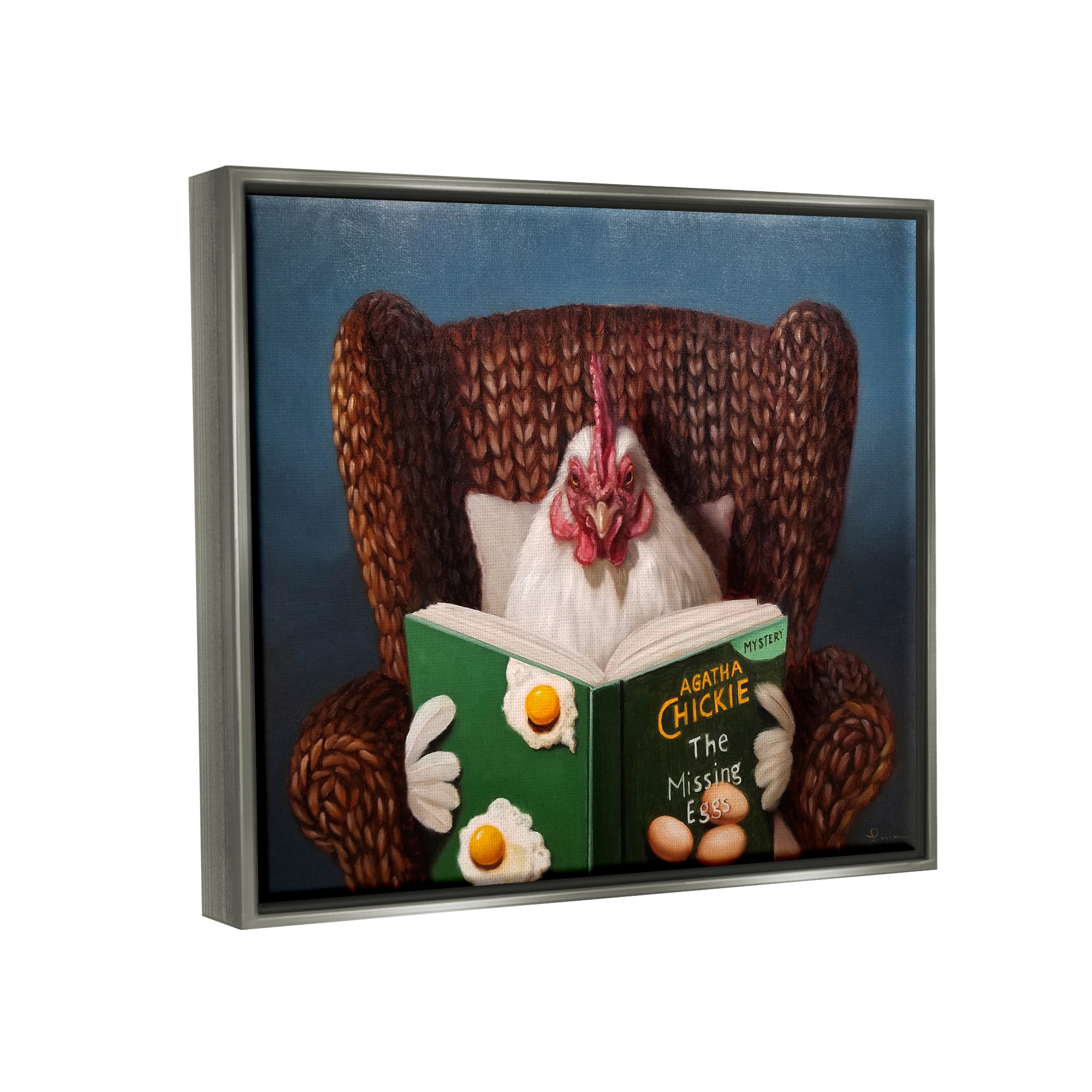 Stupell Industries Chicken Reading Book Animals & Insects Painting Gray Floater Framed Canvas Art Print Wall Art, 21 x 17