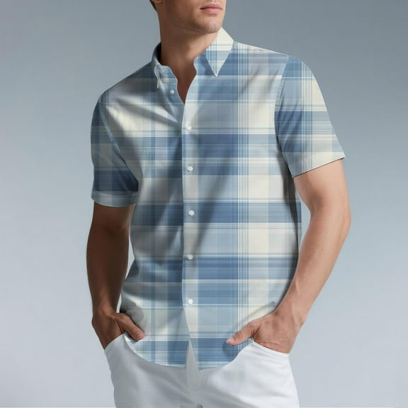 S-5X Mens Big and Tall Shirts Short Sleeve Plus Size T-Shirts Button-Down Collared Casual Plaid Printed Breathable Hawaiian Beach Tees Tops