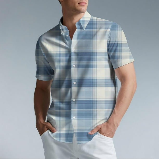 Blusa y camisa de manga corta con cuello vuelto para hombre, camisa informal con botones y estampado a cuadros, de manga corta y solapa.