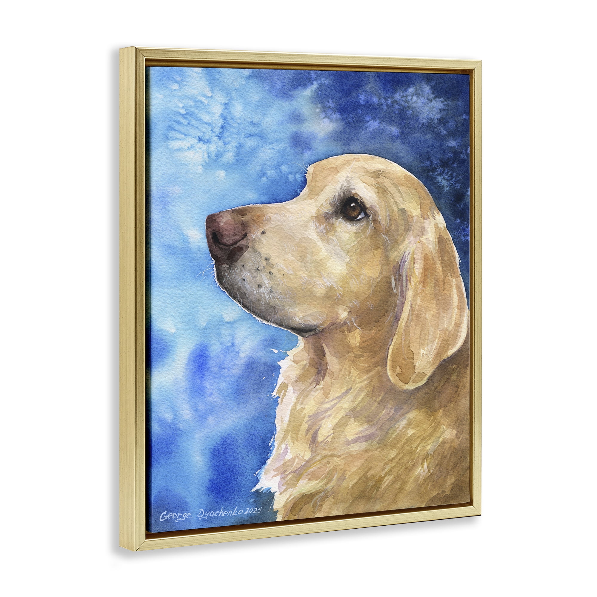 Stupell Industries Golden Retriever Portrait on Azure Gold Framed Floater Canvas Wall Art, design by George Dyachenko