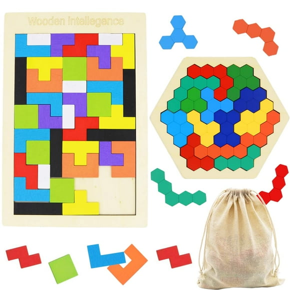 2 Pack Wooden Russian Blocks Puzzle + Hexagon Puzzles for Kids & Adults Wooden Block Puzzle Intelligence Brain Teasers Toy Logic Game STEM Educational Gift for Children