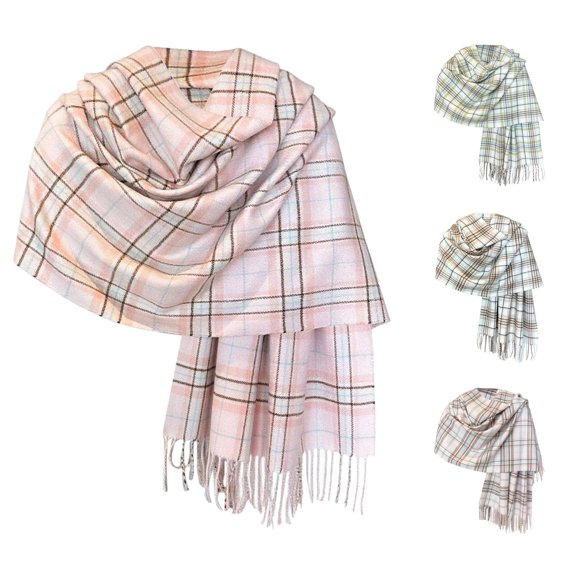 AWZXDE Elegant Plaid Pattern Winter Scarf For Women Soft Warm Lined Thick Fringe Shawl Wrap Fashionable Cold Weather Accessory Pink