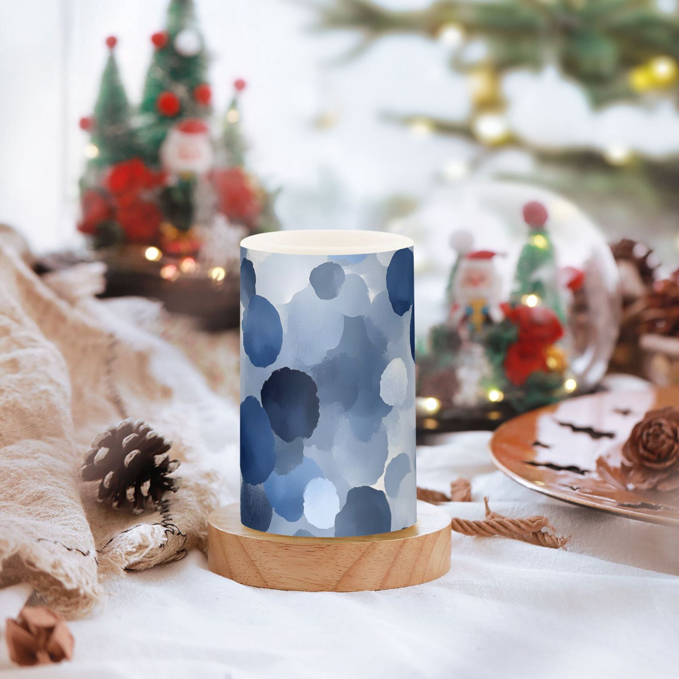 Watercolor Blue and Gray Dots Flickering Flameless Candles Battery Operated with Remote Timer LED Pillar Candles Set of 2