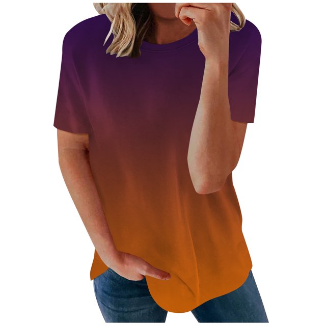 AherBiu Hauts pour Femmes T-Shirts à Manches Courtes Dégradé Col Rond Basiques d'Été Décontractés Amples