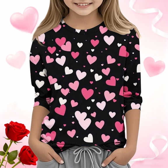 ATOGUTA Valentine's Day T Shirts for Girls Kids Heart Printed Valentine's Festival Outfit 3/4 Sleeve VDAY Tops Size 3T-12, Black