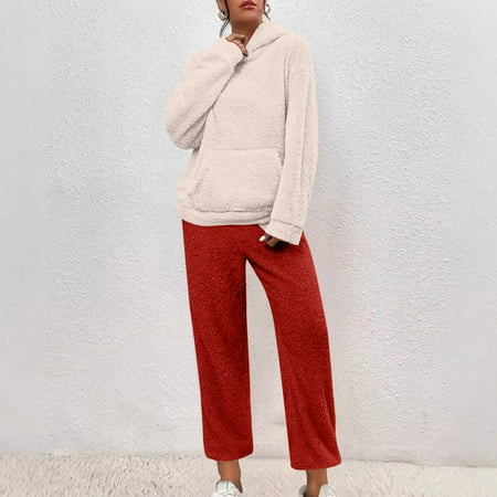 Alkepwun Two Piece Lounge Sets for Women Fuzzy Long Sleeve Hoodie with Red Pants Sleepwear Casual Warm Pajama Matching Set