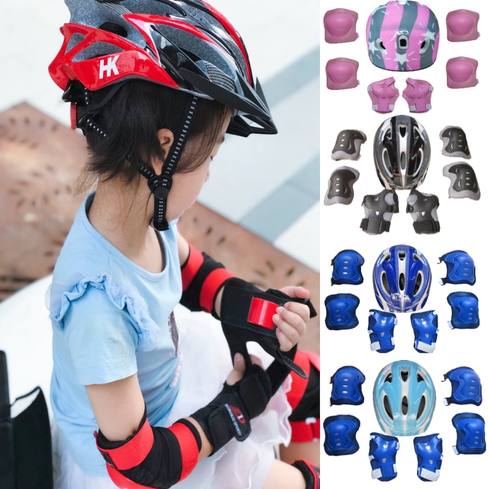 7 Pcs Children Roller Skating Bicycle Helmet Knee Wrist Guard Elbow Pad Pink 