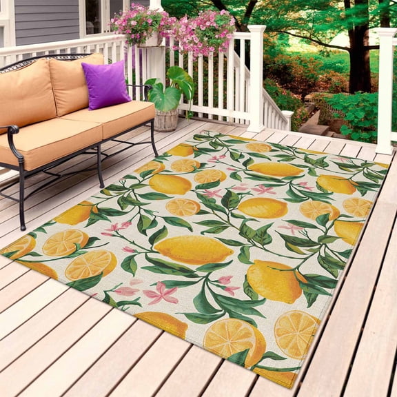 Summer Lemon Outdoor Rug 5x8 Ft, Non Slip Washable Area Rug, Country Botanical Fruit Flowers Patio Rugs Carpet Runner, Large Floor Mat for Indoor/Outdoor Deck Porch Camping